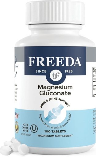 [BRSW2AI3AAIBMF3H] Freeda Magnesium Gluconate - Kosher Vegan Magnesium Supplement for Men & Women - Leg & Muscle Cramp and Spasm Relief - Natural Muscle Relaxer - Magnesio Vitamins and Supplements (100 Tablets)