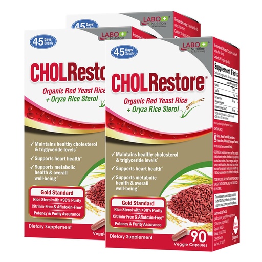 [BRSW2AYKCECQEFDB] LABO Nutrition CHOLRestore – Red Yeast Rice with Phytosterol Health Supplement, Supports Healthy Cholesterol Levels, Citrinin & Aflatoxin Free, 90 Vege Capsules 3x3