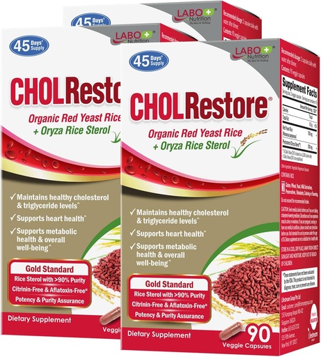 [BRSW2AYKCECQEFDB] LABO Nutrition CHOLRestore – Riz rouge de levure avec supplément de phytostérol pour la santé, soutient des niveaux de cholestérol sains, sans citrine et aflatoxine, 90 capsules de légumes 3x3