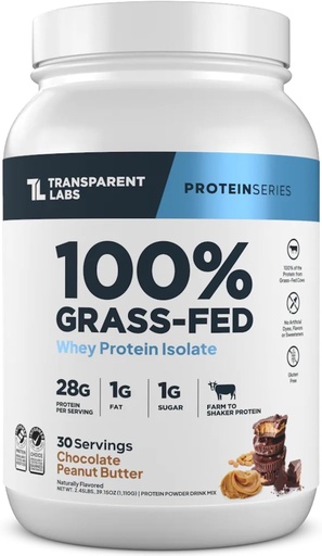 [BRSROA32BYMAM3TO] Transparent Labs Grass- Fed Whey Protein Isolate - Naturlig Flavored, Gluten Free Whey Protein Powder med 28 g protein per servering & 9 Aminosyrer - 30 Servere, Chokolade Peanut Butter