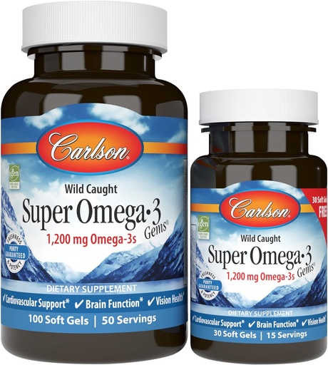 [BRSWECQ2OJ5WAG3O] Carlson - Super Omega-3 Gems, 1200 mg Omega-3 Fatty Acids with EPA and DHA, Wild-Caught Norwegian Fish Oil Omega 3 Supplement, Sustainably Sourced Omega 3 Fish Oil, 100+30 Softgels