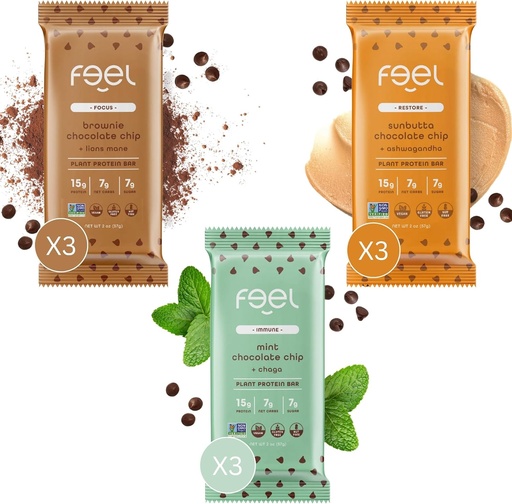 [BRSROZYCB4HA2HTK] Feel Vegan Protein Bars | Chocolate Lovers | Keto | Gluten Free | Organic | Lions Mane | Chaga | Ashwagandha | 15g Protein | Low Sugar | Non GMO | Sunbutta + Brownie + Mint - 9 Pack