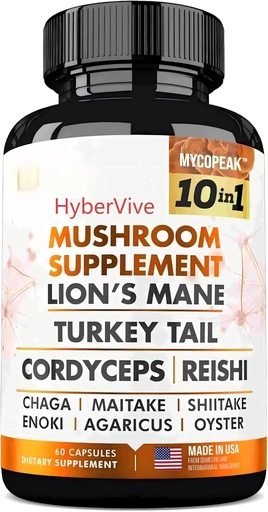 [BRSROFIKCACAGELZ] Mushroom Supplement 10x Complex - Lions Mane, Turkey Tail, Cordyceps, Reishi, Chaga, Maitake, Shiitake, Oyster Extract Mushrooms - Nootropic Brain Support Supplements for Memory and Focus