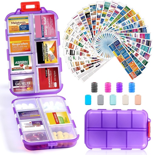 [BRSRA23YA5YQMCDP] 14 Grids Travel Pill Organer Box with 415-Pcs Medicine Name Labels, Pocket Daily Pharmacy Case Container, Travel Medicine Holder Dispenser Kit for Fish Oil Storage