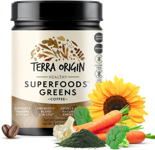 [BRSWGZQOOZ4B6FI3] TERRA ORIGIN Superfoods Greens Blend Immune and Digestive Support | Organic Vegetable Supplement with Tumeric, Milk Thistle, Green Tea, Chlorella | Non-GMO, Gluten-Free, Vegan | Coffee | 30 Servings