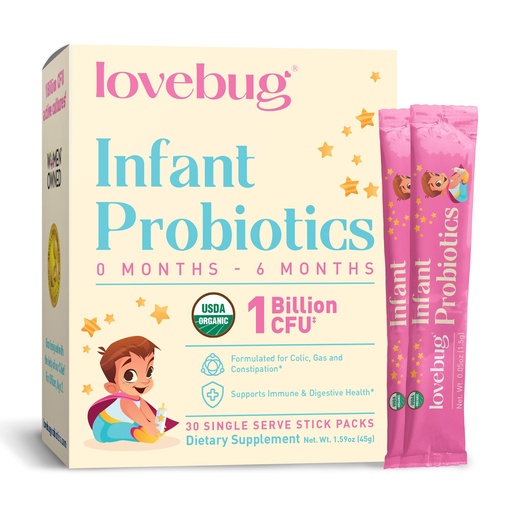 [BRSWGZY6OEDRO3DF] LOVEBUG Infant Probiotics 0-6 Months - USDA Organic Probiotics for Babies, Supports Baby Gas, Colic, Reflux, Diarrhea and Newborn Constipation Relief, Allergen & Sugar Free, Tasteless Powder, 30 Pack