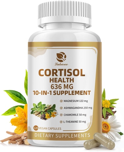 [BRSRAFIRAUIAK2TL] 10in-1 Cortisol תוספים עם Magnesium, Ashwagandha, Chamomile, L-theanine, Phosphatidylserine, St. John's Wort, Astragalus, ויטמין C & D3, עבור נשים, 120 קפסולות טבעוניות במשך 2 חודשים, non-GMO