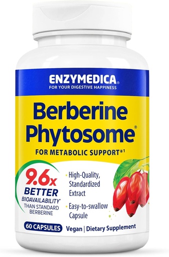 [BRSRAYYQCBYRU3LX] Enzymedica, Berberine Phytosome, 9.6X Better Bioavailability, Metabolik Support üçün Yüksək Potensial Vegan Dietary Supplement, 60 Kapsüls