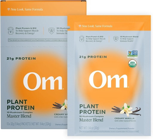 [BRSRMGD6DEDQO3AY] Om Master Blend Vegan Protein Powder, Vanilla, 21g of Plant Protein - Organic Mushroom Supplement with 10 Mushroom Complex, Ashwagandha, BCAAs and Vitamin B12 - Single Serve (10 Count)​