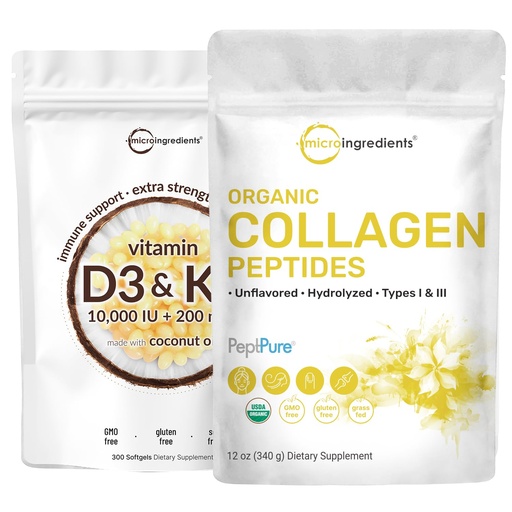 [BRSRAFILBYCBMCQZ] Micro Ingredients Vitamin D3 10000 iu + K2 200 mcg Coconut Oil Softgels & Organic Collagen Peptides Powder Bundle 2 Pack | Essential Sunshine Vitamins | Hydrolyzed Type I & III Bovine Collagen