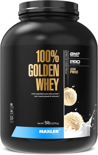 [BRSWK2Y2OIPGAE34] Maxler 100% Golden Whey Protein - 24 g fehérje per serving - Premium Whey Protein Powder for Pre Post Workout - Fast- Absorbing Whey koncentrátum, izolátum és hidrolizátum keverék - Vanilla Ice Cream 5 lb