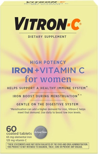 [BRSW2GDQCQCWGFYV] Vitron-C Iron Supplement for Women with Vitamin C, for Red Blood Cell Production & Immune Support, 60 Count