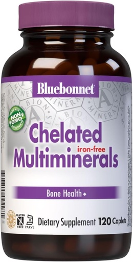 [BRSWIYQTPMJRSED2] Bluebonnet Nutrition Multiminéraux chélatés de haute puissance (sans fer), minéraux chélatés d'Albion, sans soja, sans gluten, non-OGM, certifié Kosher, sans laiterie, 120 capsules, 40 portions