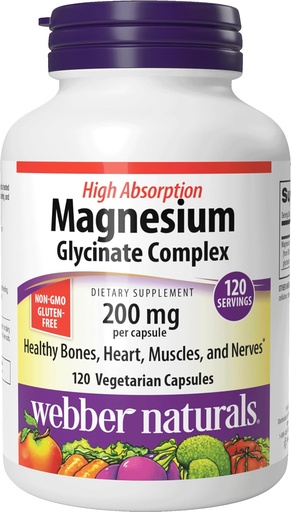 [BRSW2AA2BF6QK3I3] Webber Naturals Magnesium Glycinate Complex 200 mg, 120 Vegetarian Capsules, High Absorption Formula, Supports Bones, Heart, Muscles & Nerves, One-per-Day, Vegan, New Label!