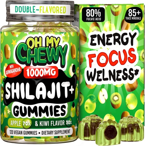 [BRSRAEAQAQOWOE3P] Pure Himalayan Shilajit Gummies - High Potency Gold Grade Resin - Energy Boost and Immune Support for Men and Women with Ashwagandha and Shatavari - 120 Gummy - Apple & Kiwi
