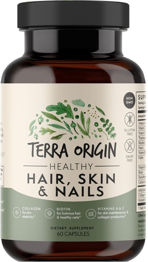 [BRSW2BAKBN4AYD37] TERRA ORIGIN Healthy Hair, Skin and Nails Supplement | Collagen, Biotin, Horsetail & B-Complex | Supports Hair Strength, Skin Elasticity & Nail Growth | Vitamins for Women and Men | 60 Capsules
