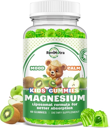[BRSREZIBB4BBQHY7] Liposomaalsed lapsed Magneesiumkummied- Magneesium Glütsinaatkummid lastele Lisand-w / Omega-3, Vitamiin B6, D3-tugi Rahulik Stress Relief, Luud, Mood, Roheline Õun & Kiwi Maitse, 60 Count