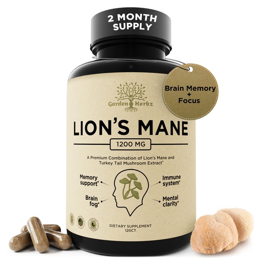 [BRSROAYDAAGWYF3V] Lion's Mane Mushroom Supplement Capsules with Turkey Tail for Memory & Focus - 10:1 Extract, Brain Fog Support, 1200mg, 3rd Party Tested, Non-GMO, Vegan, Made in USA, 120 Capsules, 2 Month Supply