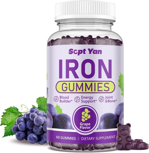 [BRSRAAT4OJ6RUCTL] Iron Gummies for Women and Men, Iron Gummies with Folate, Vitamin B12, Zinc & D3 for Blood Building, Energy Boost, Immune Support & Bone Health, Gentle Absorption, Vegan,Grape Favour 60ct