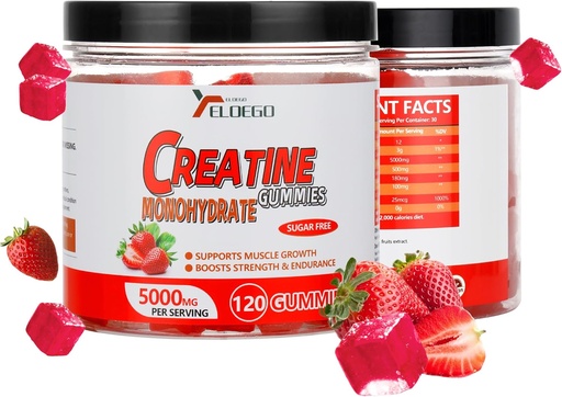 [BRSRAGINOENRMAY4] Creatine Monohydrate Gummies 5000mg Sugar Free for Men & Women, with L-Taurine + Vitamin B12 for Muscle Strength, Muscle Builder, Energy Boost, Pre-Workout Supplement, Strawberry, 120 Count
