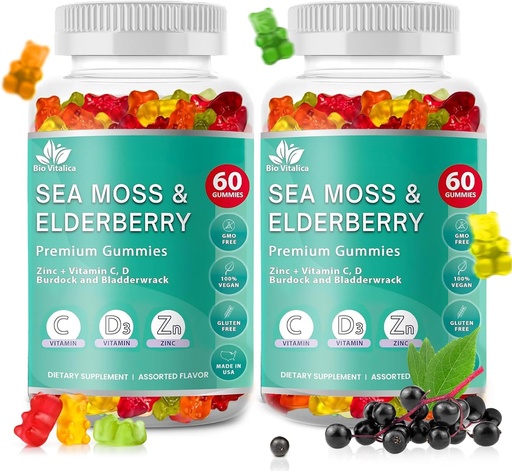 [BRSW2CYEDMMQAFL4] BIO VITALICA Sea Moss Gummies Elderberry BioVitalica - Vitamin C + Zinc - Irish Seamoss Vegan with Sea Moss Gel & powder for Immunity, Detox - for Dewata and Kid (2Packs)