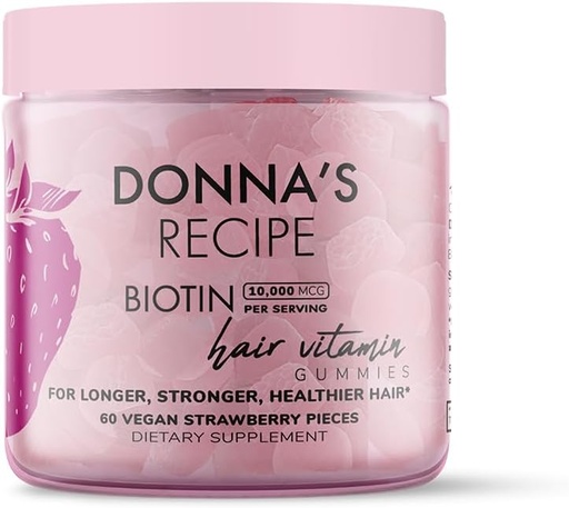 [BRSROBDQAAPWY3AY] Donna's Recette de Tabitha Brown de la Biotine de Fraise Vegan Cheveux, peau et ongles Gommies – 10 000 mcg Biotine, propre, non-OGM, sans gluten, 60 Gommies