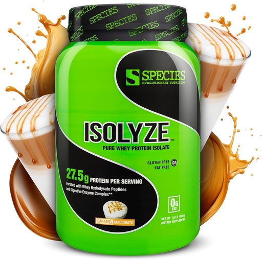 [BRSWK2Y3B5YG233E] Species Nutrition Isolyze Whey Protein Powder, 100% Whey Isolate for Muscle Building, 27.5g Protein Per Scoop, No Sugar & Low Fat (Caramel Macchiato, 22 Servings)