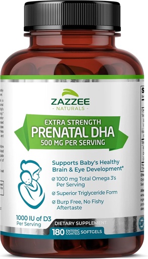 [BRSW2EAEOIAQ22DB] Zazee Extra Strength Prenatālā DHA 500 mg, 180 enteriski apvalkoti softgeli, 1000 mg Omega 3’s, 1000 UI D3 vitamīns, bez burp, bez zivju pēcgaršas, augstākā triglicerīda forma, attīrīta dziļūdens zivju eļļa