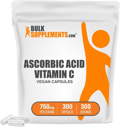 [BRSWIHAPOICA2CTO] BulkSupplements.com Аскорбінова кислота Капсули (Vitamin C Capsules) - Вітамін для імунної підтримки - Vegan - 1 Капсула для сервірування - 10-місячне постачання (300 Veg Capsules)