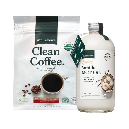 [BRSW2YD2PJYGAEL4] Natural Force Organic Clean Coffee + Creamy Vanilla MCT Oil Bundle – Flavored MCT Creamer & Mold & Mycotoxin Free Coffee – Non-GMO, Keto, Paleo, and Vegan - 12 Oz Bag and 16 Oz Glass Bottle