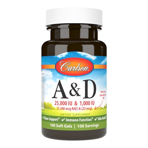 [BRSWECQ2BAMRSCQ3] Carlson - A & D, 25000 IU (7500 mcg RAE) Vitamin A, 1000 IU (25 mcg) Vitamin D, Vision Support, Skin Health, 100 Softgels