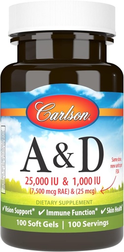 [BRSWECQ2BAMRSCQ3] Carlson - A & D, 25000 i.e. (7500 μg RAE) Vitamin A, 1000 i.e. (25 μg) Vitamin D, podpora vidu, zdravje kože, 100 kapsul