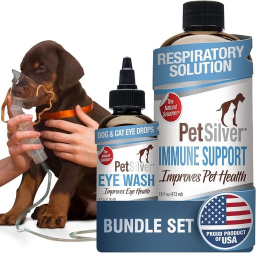 [BRSRABQDPMPRADY6] PetSilver - Immune Support (16 fl oz) and Eye Wash (4 fl oz) with Patented Chelated Silver - Allergies, Sinus & Cough Treatment - Eye Cleaner & Tear Stain Remover for Cats and Dogs - Made in USA
