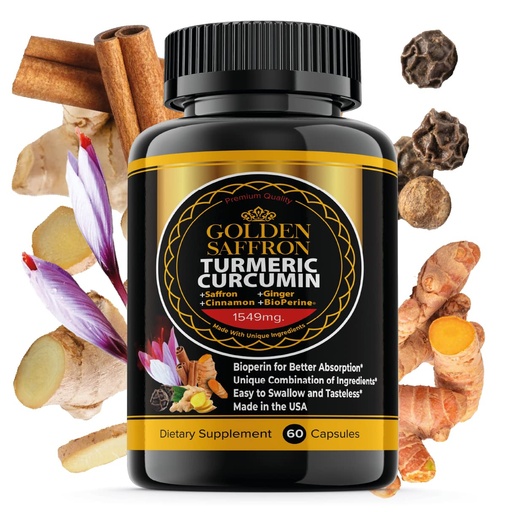 [BRSWGCAEBZ5BEE33] GOLDEN SAFFRON Turmeric Curcumin Supplement with Bioperine, Saffron, Cinnamon, and Ginger - High Potency, Non-GMO, Gluten-Free Supplement for a Better Effectiveness. Made in USA