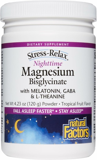 [BRSRMCQPAEDRMDL7] Factores naturales Stress-Relax Nighttime Magnesium Bisglycinate - Supports Sleep & Relaxation* - with Melatonin, L-Theanine &amp; GABA - Tropical Flavor - 4.23 oz