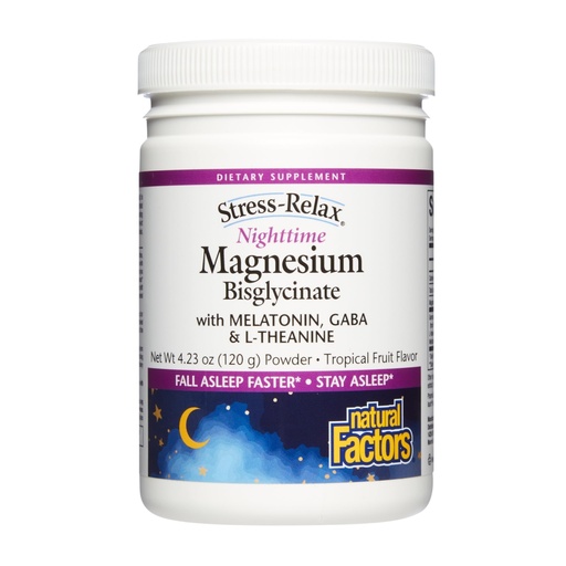 [BRSRMCQPAEDRMDL7] Natural Factors Stress-Relax Nighttime Magnesium Bisglycinate - Supports Sleep & Relaxation* - with Melatonin, L-Theanine & GABA - Tropical Flavor - 4.23 oz
