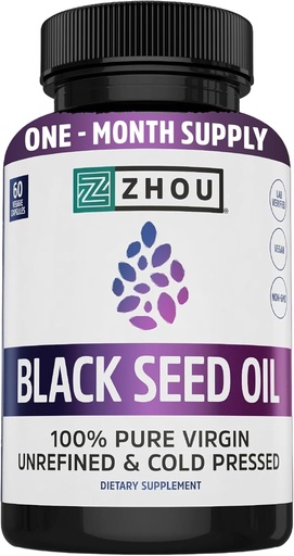 [BRSWGZLQBEFGC3TA] ZHOU Black Seed Oil Capsules - Black Cumin Seed Oil Cold Pressed, Nigella Sativa, Pure Unrefined Blackseed, Premium Supplement for Health, Hair & Skin w/Thymoquinone - 60 Capsules (Pack of 1)