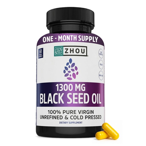 [BRSWGZLQBEFGC3TA] ZHOU Black Seed Oil Capsules - Black Cumin Seed Oil Cold Pressed, Nigella Sativa, Pure Unrefined Blackseed, Premium Supplement for Health, Hair & Skin w/Thymoquinone - 60 Capsules (Pack of 1)