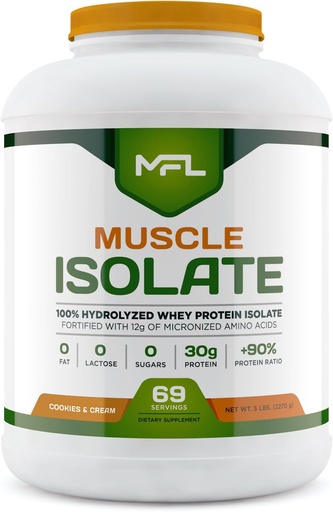 [BRSWKZABBMGWA3LE] MFL 100% Isolate Protein l 30g of Protein l 12g Amino Acids l Keto Friendly l Low Carbs l 5 lbs. (Cookies & Cream)