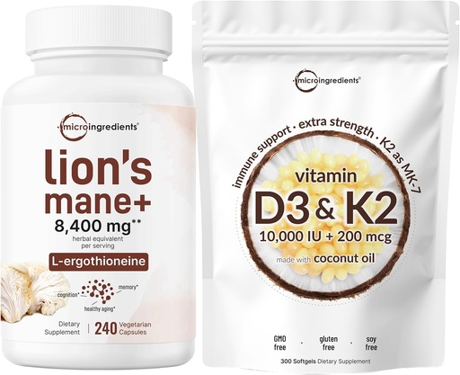 [BRSRAHY3B57RQYIV] Micro Ingredients Vitamin D3 10,000iu + K2 200mcg Coconut Oil Softgels & Lions Mane Supplement 240 Veggie Capsules Bundle 2 Pack | Essential Sunshine Vitamins | Superfood Mushroom Antioxidants with L-