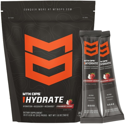 [BRSROZTYBYFGO2D3] MTN OPS Hydrate Electrolytes Powder Drink Mix, 20 Single Serving On-The-Go Electrolyte Packs with Over 1000mg of Electrolytes per Serving, Strawberry Coconut