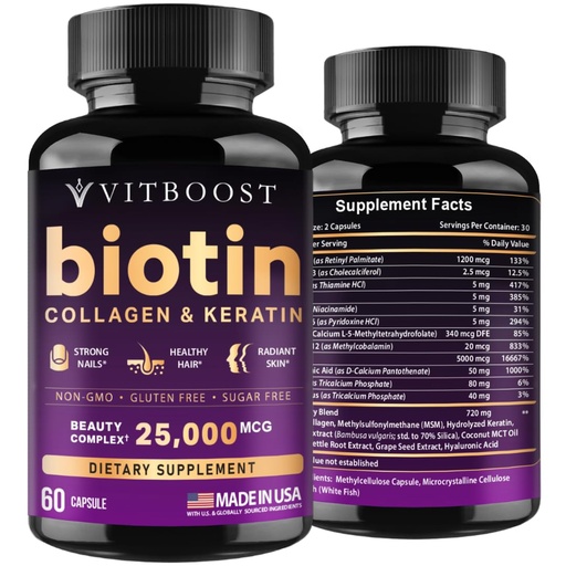 [BRSROFDQDJ4BAFA3] VITBOOST Biotin with Hyaluronic Acid, Collagen and Keratin – 25000 mcg Hair Growth Vitamins for Men and Women – Nails and Skin, USA Made - Third Party Tested, B1, B2, B3, B6, B7 Complex - 60 Capsules