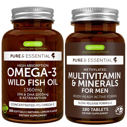 [BRSRAAL7AAHBSEIZ] High Absorption Omega-3 Wild Fish Oil + Methylated Men's Multivitamin Bundle, 1000mg EPA & DHA 180 Softgels + Sustained Release Multivitamin 180 Tablets, by Igennus