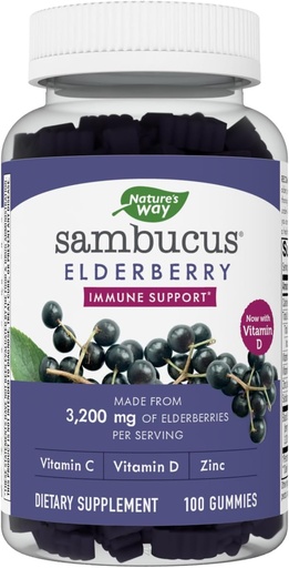 [BRSRMZQPAUAWAAL2] Nature 's Way Sambucus Elderberry Gummies - Immunsupport for børn og voksne * - Med Vitamin C, D3, Zink & Antioxidant Support * - Gluten Free & Vegetarian - 100 Gummies