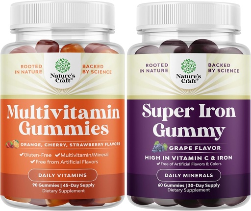 [BRSROC33BUBRY3IU] Bundle of Multivitamin Gummy with B12 Biotin with Zinc & Vitamin D and Extra Strength Iron Gummies for Women and Men - Potent 45mg per Serving Chewable Iron Supplement for Women and Men with Vit C