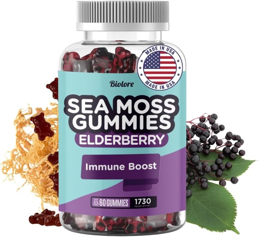 [BRSROGQ7C4OR4A36] Biolore Sea Moss Gummies med Elderberry - Vegan Gummies för kvinnor, män och barn med Bladderwrack & Burdock Root - 60pcs