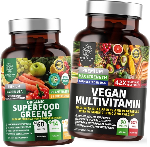 [BRSRMYALBAHQGAYV] Number One Nutrition N1N Premium Plant-Based Multivitamin [86 Powerful Ingredients] and Organic Superfood Greens [28 Powerful Ingredients], to Support Gut Health and Overall Wellness, 2 Pack Bundle