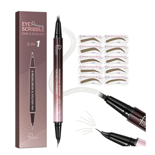 [BRSRAAI7BUBQ4D3K] Pudaier 2-in-1 Curved Eyebrow Pen & Eyeliner with 10Pcs Brow Stencils, Microblading Eyebrow Pencil, Waterproof & Long Lasting, Truffle