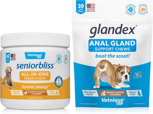 [BRSRMHT5OIPWMEL3] VETNIQUE Seniorbliss All- in - One Multivitamin Chews Senior Dogs (60ct) & Glandex Anal Gland Support Mogyoróvaj Soft Chews kutyáknak (30ct) Bundle