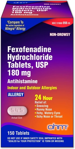[BRSRMEABPMHQK3Y2] Ohm Allergi Medisin Fexofenadin 180mg - 24 timers relief for Sneezing og Allergi Symptomer, Ikke-Drowsy - 24 timers Antihistamin tabletter for effektiv relief - 150 greve (enkelt pakke)
